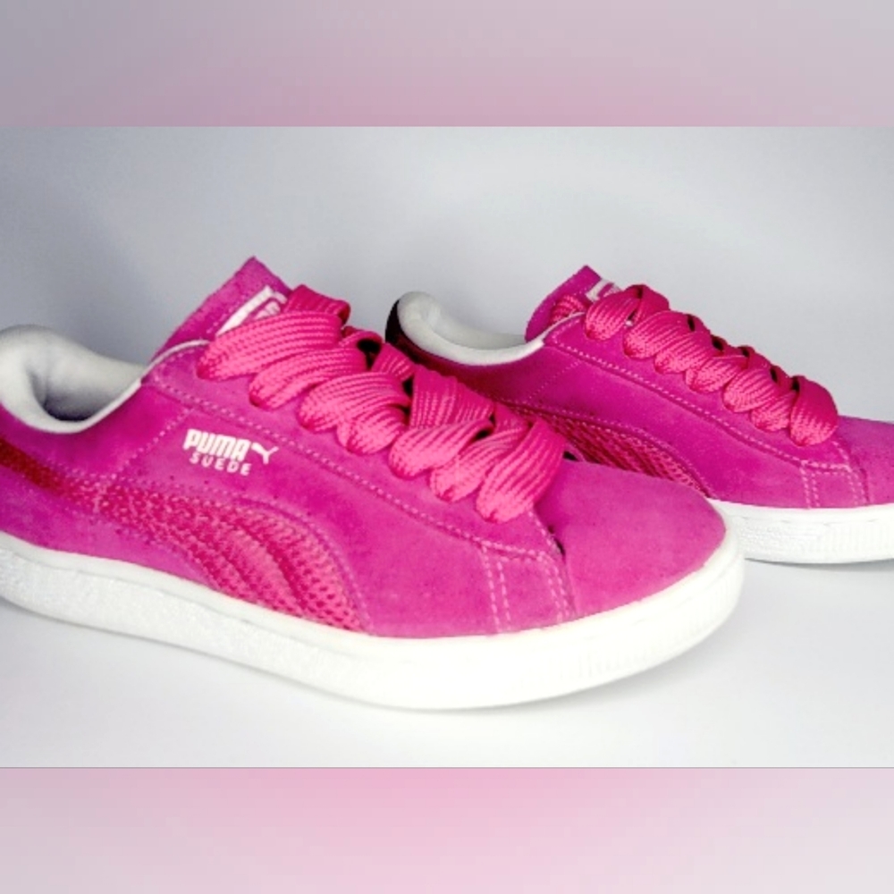 Hot pink suede Puma sneakers. Size 6.